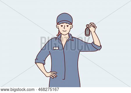 Woman In Janitor Clothing Demonstrates What She Found While Cleaning In Business Center. Girl Workin