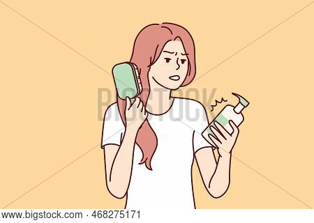 Woman Combing Hair Out Of Frustration Reads Composition Of Cosmetic Product Containing Dangerous Che