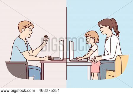 Family Communicates Remotely Using Laptop For Video Calls Over Internet During Business Trips Or Tra
