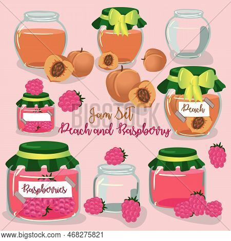 A Set Of Fruit Jams In Glass Jars In Cartoon Style. Peach And Raspberry With Fruit Elements. Used Fo