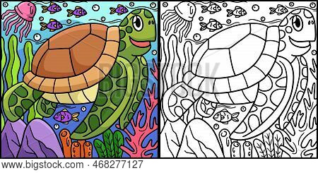 This Coloring Page Shows A Turtle. One Side Of This Illustration Is Colored And Serves As An Inspira