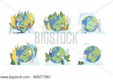 People Cleaning Earth Planet With Cleaning Tools. Volunteers Taking Care About Planet. Nature And Ec