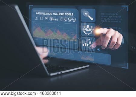 Marketer Pointing To Graph And Showing Seo Concept, Optimization Analysis Tools, Search Engine Ranki