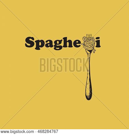 Traditional Spaghetti Dish On A Fork. Vector Illustration In Yellow And Black Colors.