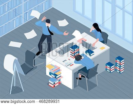 Business Stress Background With Deadlines And Workplace Symbols Isometric Vector Illustration