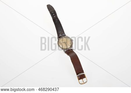 Brown Leather Handmade Watch Strap On Mens Watch Old Antique Watch Of An Elderly Man With Homemade L
