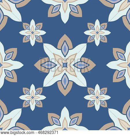 Patterned Azulejo Floor Tiles. Abstract Geometric Background. Vector Illustration, Seamless Mediterr