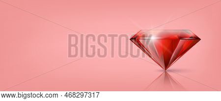 Vector Horizontal Banner With 3d Realistic Red Transparent Triangular Glowing Gemstone, Diamond, Cry