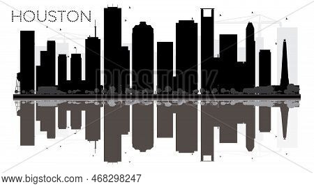 Houston City Skyline Black And White Silhouette With Reflections. Vector Illustration. Simple Flat C