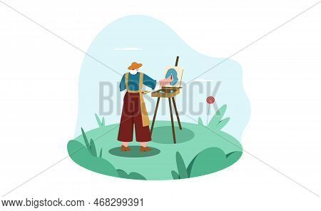 Flat Aged Woman Artist Painting On Canvas In Summer Park. Painter Character Drawing Picture With Bru