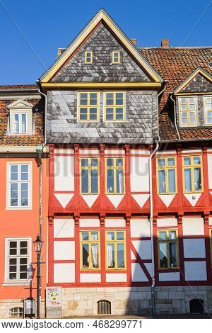 Wolfenbuttel, Germany - March 23, 2022: Front Facade Of  A Colorfl Half Timbered House In Wolfenbutt