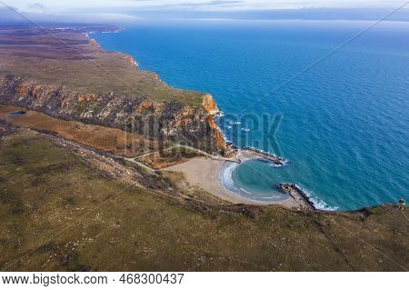 Amazing Aerial View At The Rocky Coastline And Small Exotic Bay Bolata Beach,  Bulgaria.