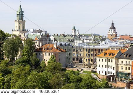 Lublin, Poland - May 23, 2022: Aerial View Of Old Parish Square With Remains Of Medieval St Michael 