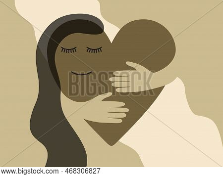 Abstract Person In Heart Shape Embracing Herself - How To Love Yourself Advices. Lifestyle Concept