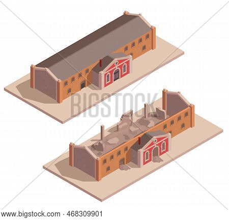 Old Industrial Building Isometric Set With Ruined And Redeveloped Factories Isolated Vector Illustra