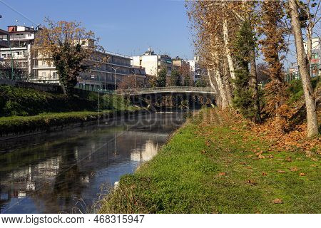 View Of The City Of Trikala, Recreation Area, Bridge And The Embankment Of The Historical Litheos Ri