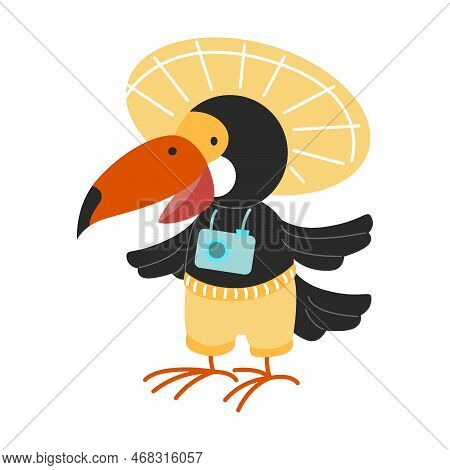 Traveling Exotic Bird Toucan In Straw Hat With Camera Around His Neck Cartoon Vector Illustration. A