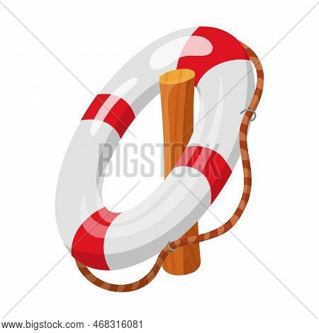 Life Buoy Hangs On A Wooden Pier Cartoon Illustration. Boardwalk Or Wharf For Fishing. Summer Beach 