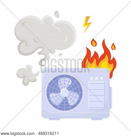 Broken Air Conditioner With Flame Vector Illustration. Damage Or Defect Of Air Conditioning Or Home 