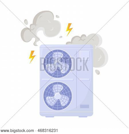 Broken Air Conditioner Vector Illustration. Defect Of Air Conditioning Or Home Ventilation System Du
