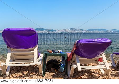 Kinaliada, Turkey - September 15, 2017: These Are Two Sun Lounges On The Beach On The Sea Of Marmara