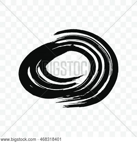 Black Grunge Brush Stroke In Circle Form. Painted Ink Circle. Ink Spot Isolated On Transparent Backg