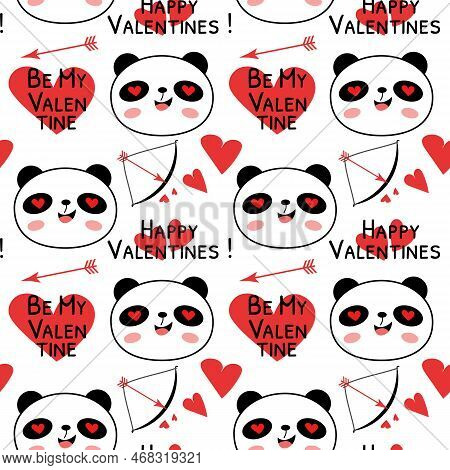 Seamless Pattern With Valentine's Day Pandas. Cute Panda Bear Heads And Red Hearts On White. Be My V