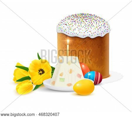 Eastern Orthodox Easter Realistic Composition With Traditional Sweet Cake Paskha Dyed Eggs And Sprin