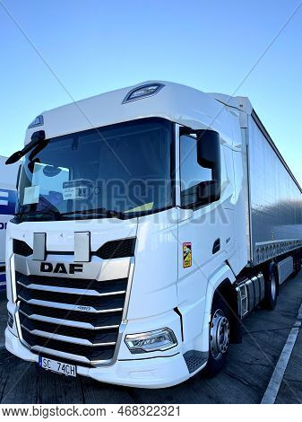 Poznan, Poland 01.03.2023: New Daf Xf Truck With Schmitz Curtain Trailer