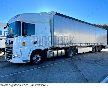 Poznan, Poland 01.03.2023: New Daf Xf Truck With Schmitz Curtain Trailer