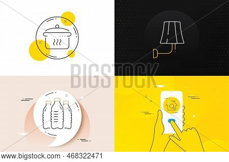 Minimal Set Of Wall Lamp, Water Bottles And Inspect Line Icons. Phone Screen, Quote Banners. Boiling