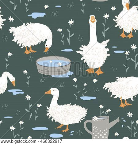 Cute Seamless Pattern With Sebastopol Goose, Doodle Flowers, And Paddles After The Rain. Geese In Th