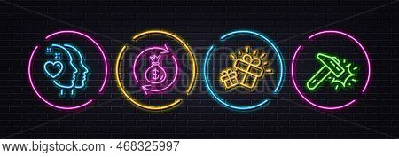 Gift, Money Exchange And Heart Minimal Line Icons. Neon Laser 3d Lights. Hammer Blow Icons. For Web,