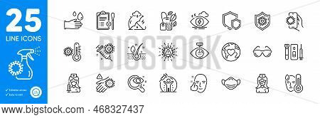 Outline Icons Set. Eye Laser, Coronavirus Vaccine And Nasal Test Icons. Coronavirus Spray, Blood And