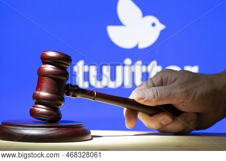 Syktyvkar, Komi, Russia, January 5, 2023,twitter . A Hammer On The Table Against The Background Of T