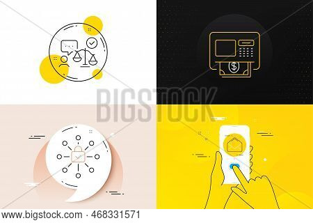 Minimal Set Of Atm, Mail And Security Lock Line Icons. Phone Screen, Quote Banners. Lawyer Icons. Fo
