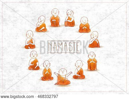 Cute Cartoon Buddhist Monks Wearing Orange Robes On Rice Paper Background. Illustration With Jizo Ja
