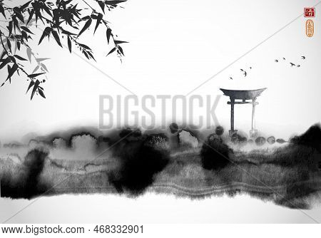 Ink Wash Painting Of Landscape With Bamboo And Flock Of Birds Over The Sacred Torii Gates On White B