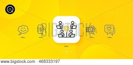 Image Album, Friends Chat And Smile Minimal Line Icons. Yellow Abstract Background. Teamwork, Money 