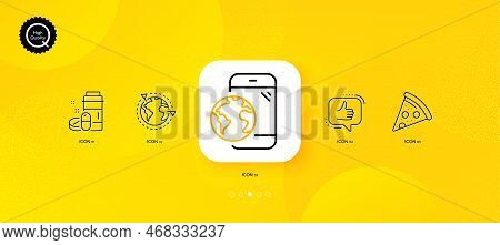 Like, Medical Drugs And Mobile Internet Minimal Line Icons. Yellow Abstract Background. Pizza, Outso