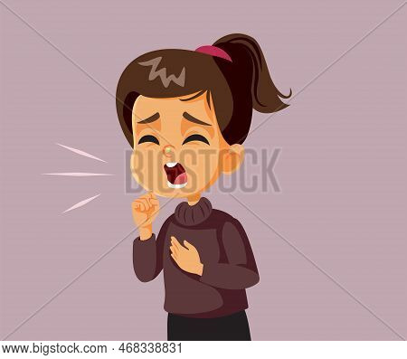 Little Girl Coughing Feeling Sick Vector Cartoon Illustration