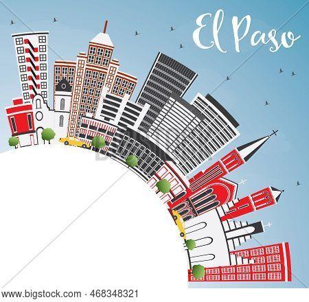 El Paso Usa Skyline With Gray Buildings, Blue Sky And Copy Space. Vector Illustration. Business Trav