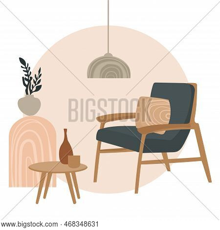 Modern Interior Design In Hygge,boho Style With Retro Armchair,table And Houseplant In A Pot On The 
