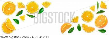 Orange With Leaves Isolated On White Background With Copy Space For Your Text. Top View. Flat Lay