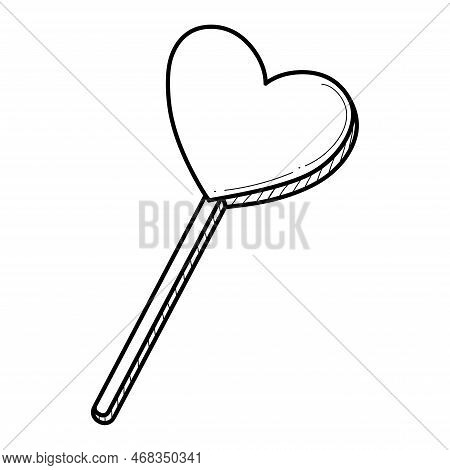 Hand Drawn Heart Shaped Sweet Lollipop Hard Candy On A Stick Vector Illustration. Cute Romantic Vale