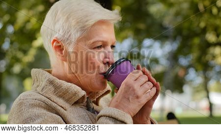 Wrinkled Face Of 60s Happy Elderly Woman Outdoors In Park Looking Aside Having Wide Smile, Dental Im