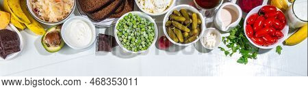 Postbiotic, Prebiotic And Probiotic Food With Medicine Capsules. Set Super Healthy Fermented Food So