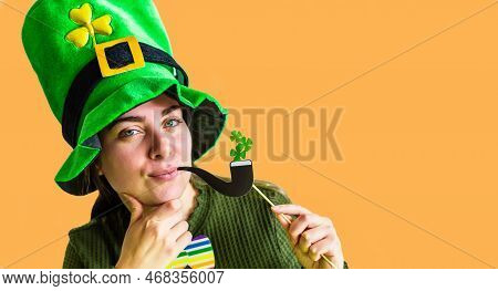The Young Woman In Leprechaun Hat For A Saint Patrick's Day.