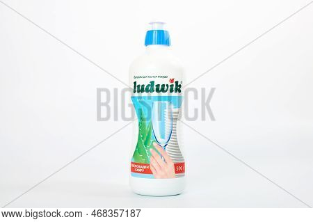 Kaliningrad, Russia - 09.11.2021 - Ludwik Dishwashing Liquid Soap Bottle Isolated On White Backgroun