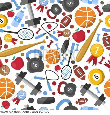 Seamless Pattern With Recreation Activity, Sports Items.vector Graphic